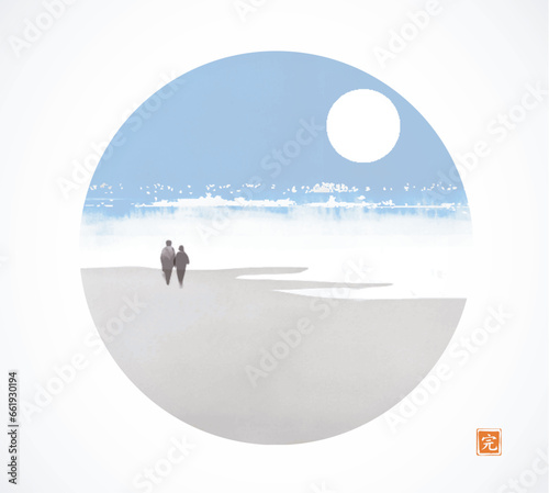 Dreamy landscape with two people standing of the sandy sea shore in circle. Traditional Japanese ink wash painting sumi-e.