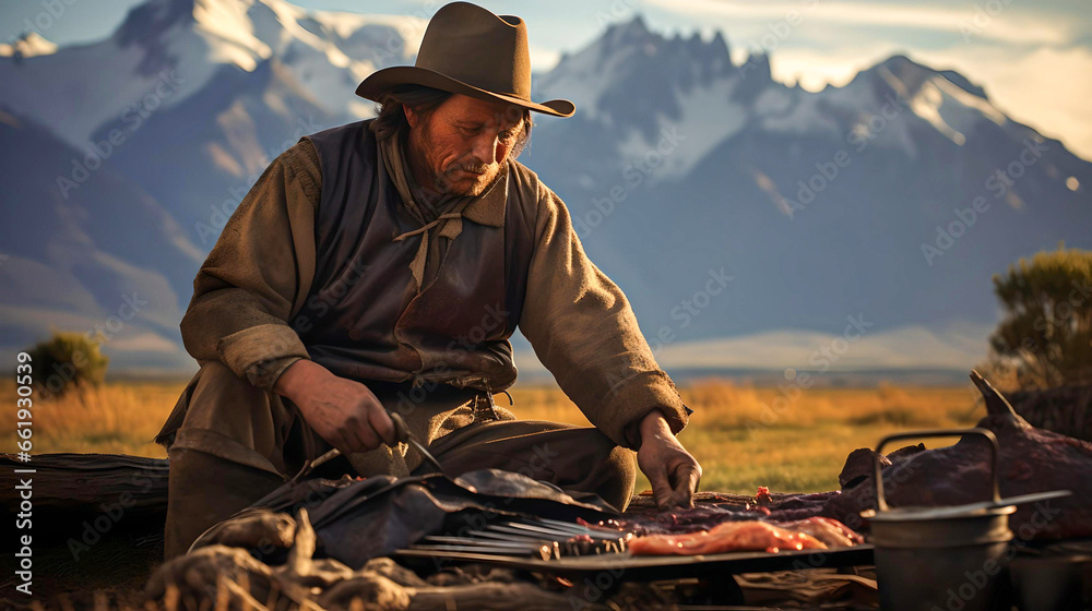 Argentine gaucho making a barbecue in his country house, surrounded by mountains, Argentine Patagonia, lifestyle in Latin America - obrazy, fototapety, plakaty 