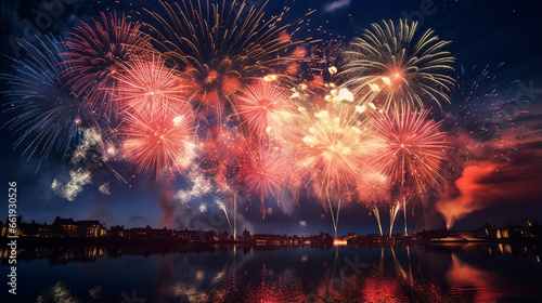 Vibrant fireworks in various colors adorn the night sky, suitable for the New Year and other celebrations