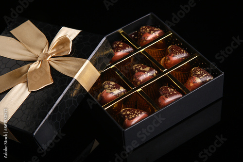 Heart shaped painted luxury handmade bonbons in a gift box on a black background. Chocolates for Valentine's Day. © mstudio