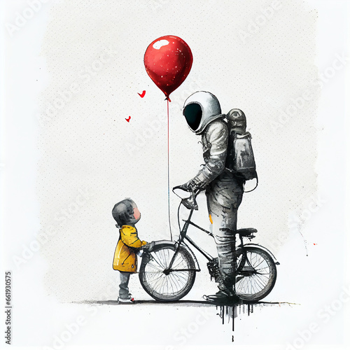 an astronaut and a little kid with red balloon and bicycle, generative ai