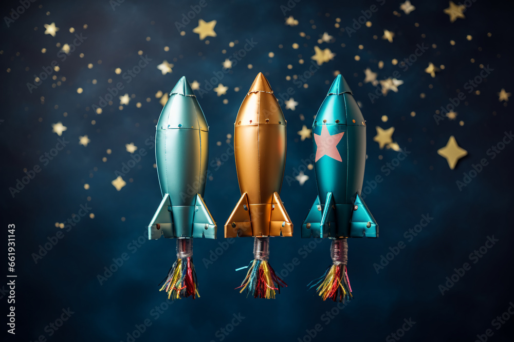 space birthday party: colorful space rocket shape foil balloons on a dark blue background space birthday party: colorful space rocket shape foil balloons on a dark blue background