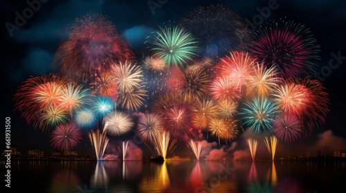 Vibrant fireworks in various colors adorn the night sky  suitable for the New Year and other celebrations