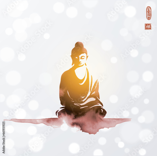 Ink wash painting of Buddha in meditation on white glowing background. Traditional oriental ink painting sumi-e, u-sin, go-hua. Translation of hieroglyph - zen