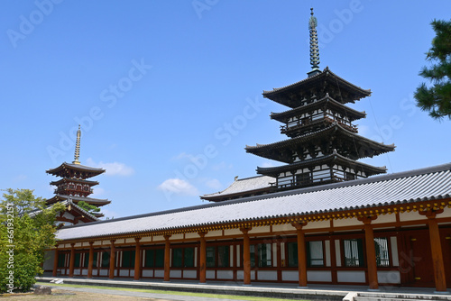 奈良市の世界遺産薬師寺 国宝東塔と西塔
