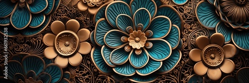 Luxury motif islamic gold lining roses with blue green mandala art styles ornamental design background
