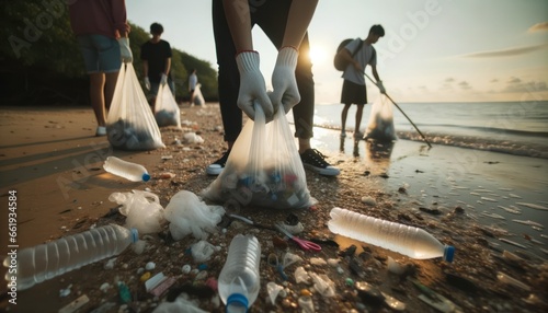 a group of dedicated volunteers actively collecting plastic waste along a scenic shoreline.