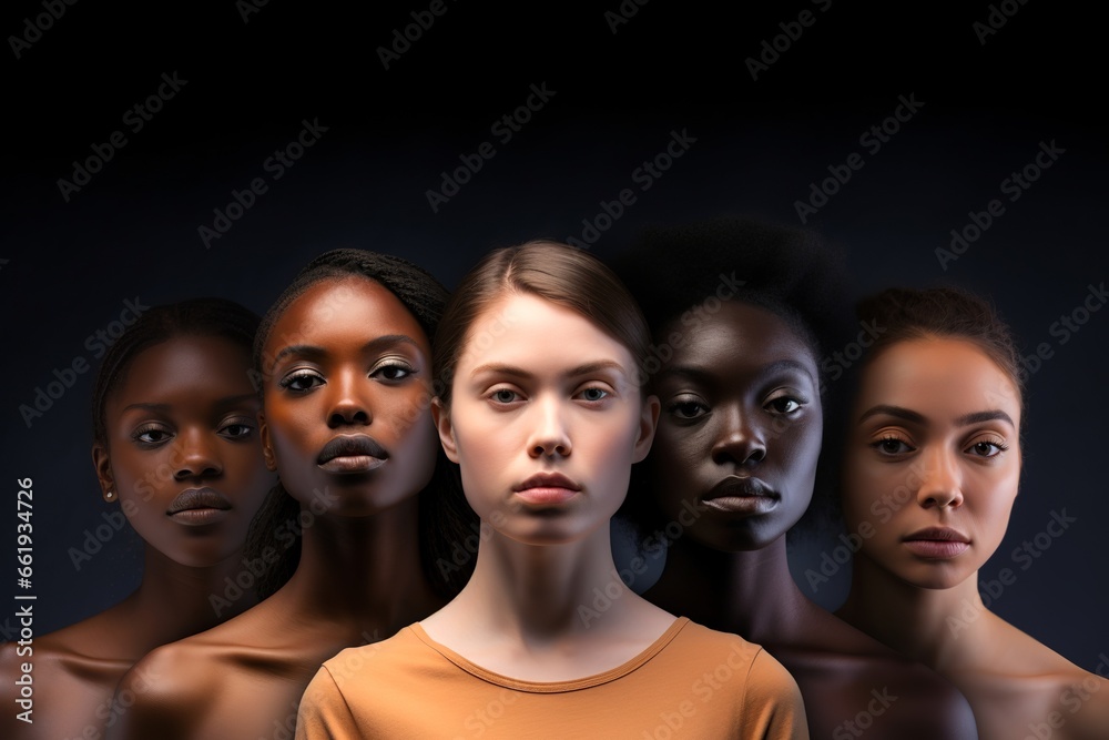 Obraz premium Beauty portrait of five smiling ladies with different skin colors
