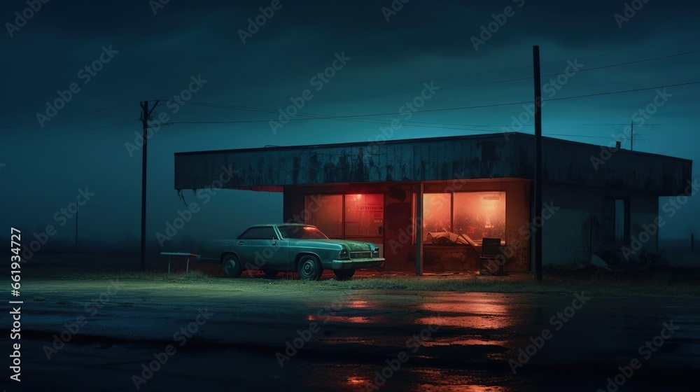 A car gas station in the middle of nowhere, an illuminated sign, created using Generative Ai technology. A car gas station in the middle of nowhere, an illuminated sign, created using Generative Ai technology.