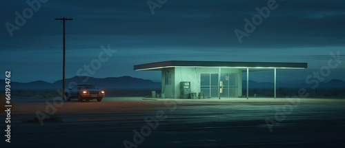 A car gas station in the middle of nowhere, an illuminated sign, created using Generative Ai technology.