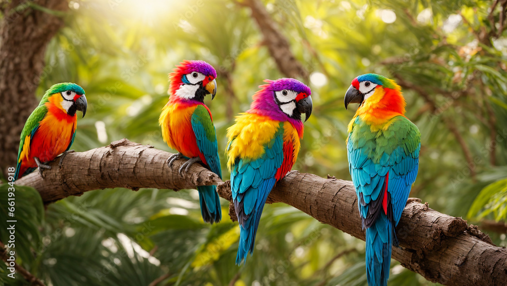 Poster Print Cute funny tropical parrots on a branch leaves 40x22.2 cm