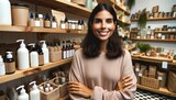 Close-up photo of a female shop owner of Hispanic descent proudly displaying an array of eco-friendly, plastic-free products on wooden shelves
