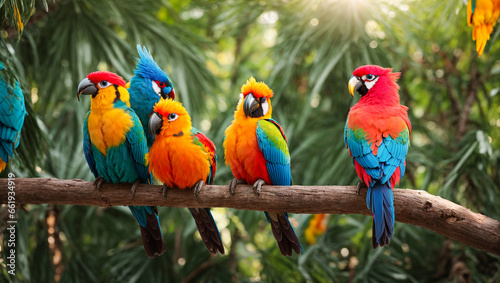 Cute funny tropical parrots on a branch, leaves,