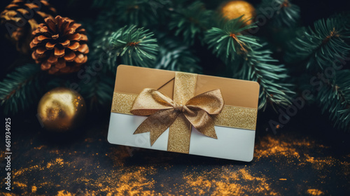 A beautiful christmas card gift, ribbon, christmas colorful background