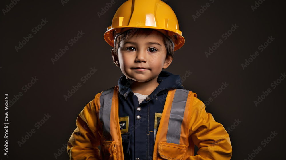 Happy boy wearing helmet or hard hat imitate builder or engineer Happy boy wearing helmet or hard hat imitate builder or engineer