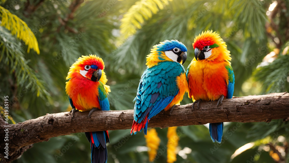 Cute funny tropical parrots on a branch, leaves, Cute funny tropical parrots on a branch, leaves,