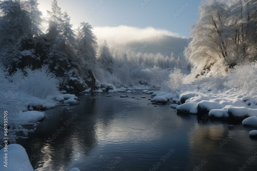 Stunning snowy scenery. Enchanting woodlands, peaks, water. Generative AI