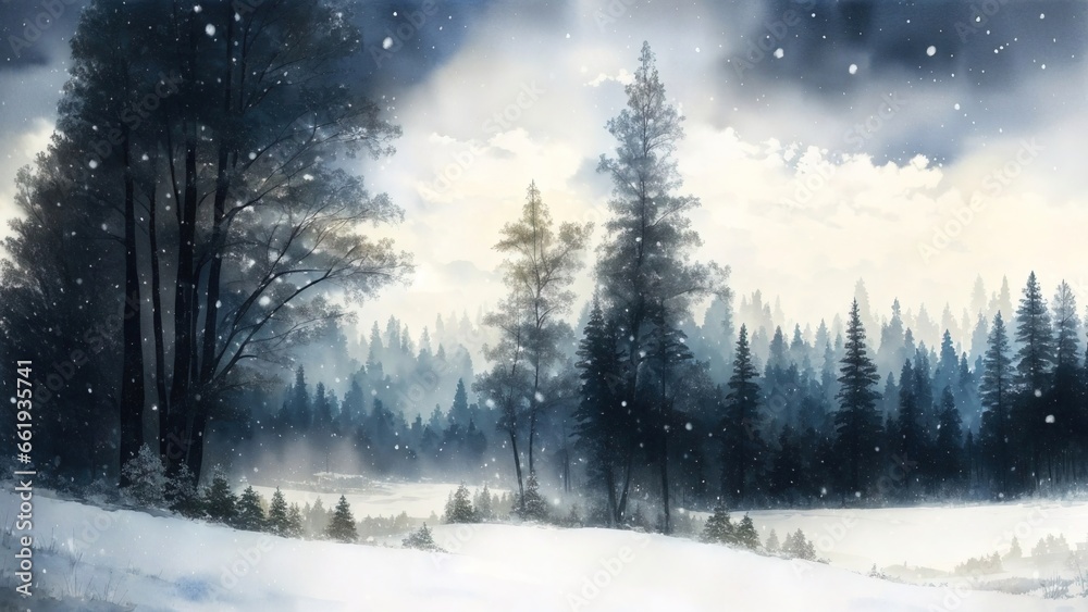 Winter landscape with dark forest during snowfall in the style of watercolor painting