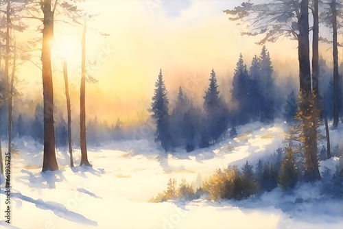 Winter landscape with snow-covered trees in the forest during sunset in the style of watercolor painting, AI generation