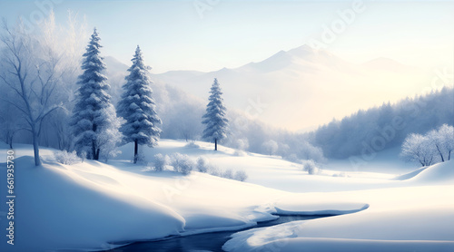 Winter landscape with fir trees on the river bank against the background of mountains in sunny weather in 3d illustration style