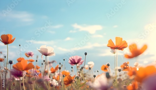 Vibrant Summer Flower Meadow: Nature Background with Copy Space and Bokeh Lights. generative ai 