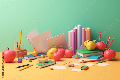 School supplies on a beige background. Back to school concept.