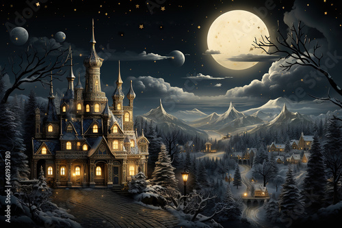 Fantasy landscape with a fantastic castle by the lake with snow-covered trees on Christmas night