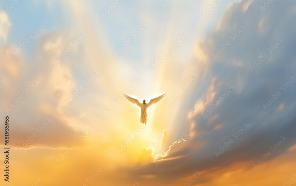 A shining angel with wings in the sky during sunrise or sunset - obrazy, fototapety, plakaty 