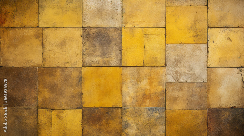 Abstract golden yellow tones dance in harmony in a digital illustration. Visual art in abstract form of vintage yellow golden color palette and worn geometric shapes.