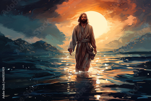 Jesus Christ walks on the water of the Sea of Galilee. Drawing in the style of oil painting photo