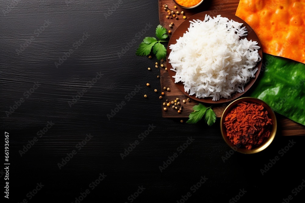 Φωτογραφία Celebrate Indian cuisine with a flat lay featuring curry, spices, and rice, arranged to reflect the colors of the Indian flag, with thoughtful empty space for versatile use