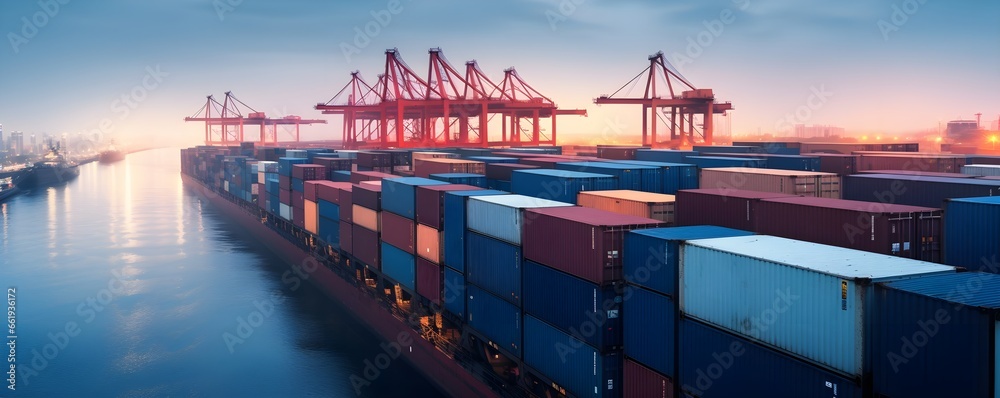 Global Cargo Freight: Container Ship Import-Export at Dock with Quay Crane. generative ai