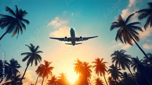 Sunset Flight Over Palm Trees: A Travel and Vacation Adventure by Airplane. generative ai