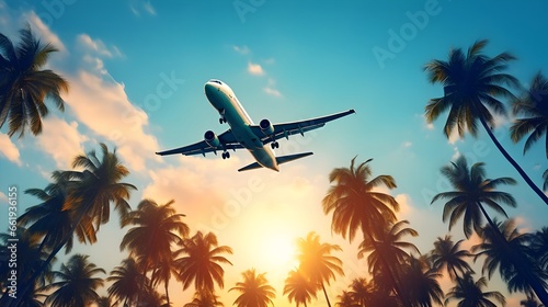Sunset Flight Over Palm Trees  A Travel and Vacation Adventure by Airplane. generative ai