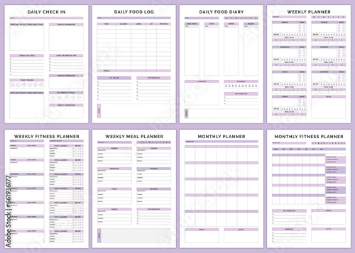 Minimalist planner pages templates.  Daily Check In,Daily Food Log,Daily Food Diary,Weekly Planner,Weekly Fitness Planner,Weekly Meal Planner,Monthly Planner,Monthly Fitness Planner,