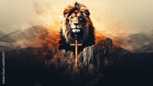 Lion sitting on a rock with a cross in the background.