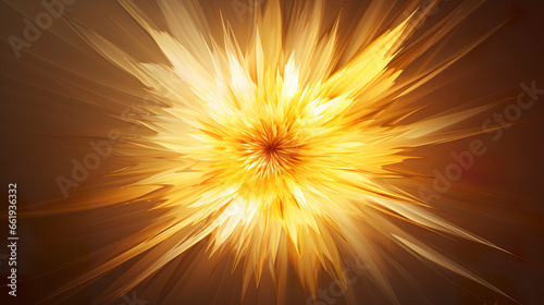 Digital illustration of solar flare in yellow abstract shape. 3D sunburst digital art in sharp focus and soft shadows. Yellow and bronze sun rays.