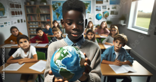 In a close-up shot within a classroom setting, a boy of African descent is seen holding a model of Earth photo