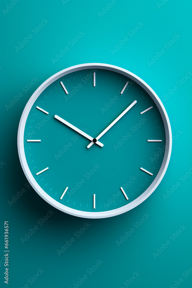 Clock on wall with green background and white hands.