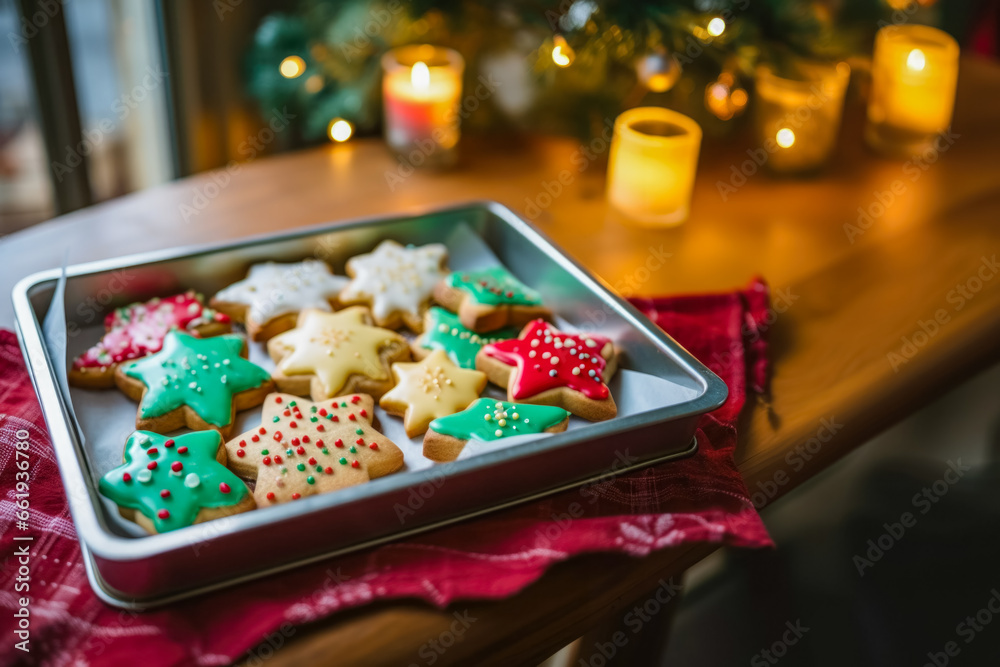 Full tray of decorated christmas cookies, with a cosy christmas background Full tray of decorated christmas cookies, with a cosy christmas background