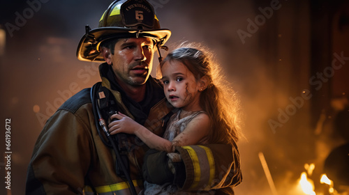Firefighter rescues little child from burning building photo