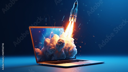 Rocket Flying Out of Laptop Screen. photo