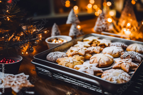 Full tray of decorated christmas cookies  with a cosy christmas background