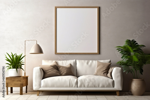 Living room with white couch and wooden frame.
