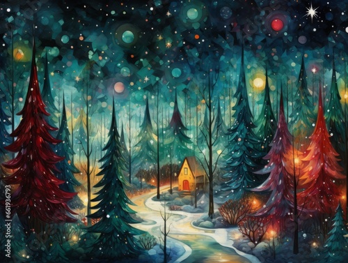 Magic forest. Christmas trees and lights.