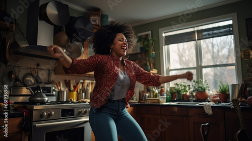 Woman dances in the kitchen while cooking dinner at home