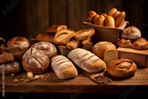 Scrumptious bread variety displayed on a charming wooden table. Generative AI