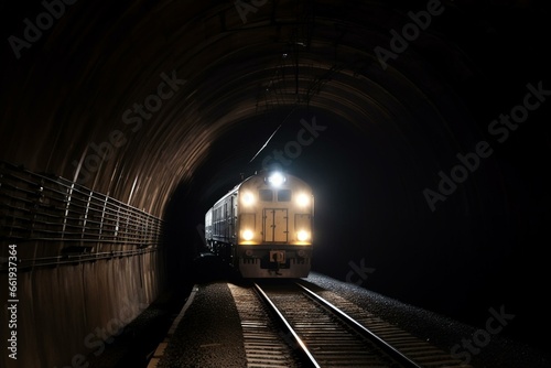 A locomotive passing through a lit tunnel. Generative AI