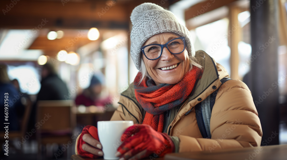 Happy senior woman drinks a hot drink at a skier's cafe at the top of a mountain.