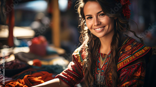 Latin American woman smiling with her typical traditional clothing, local culture